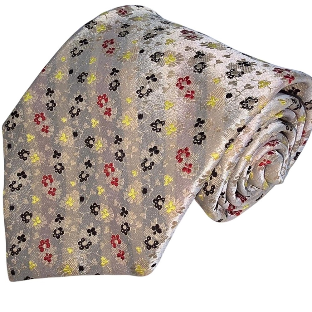 VINTAGE Via‎ Veneto Cream with black/red/yellow flowers Polyester Men's Tie